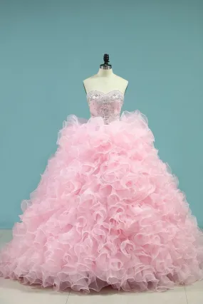 2024 Organza Quinceanera Dresses Sweetheart With Beads And Applique Court PTKRQ3XX