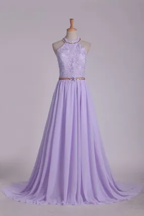 2024 Prom Dresses A Line Halter Chiffon & Lace With Beading Sweep Train Open PMRQ9JFP