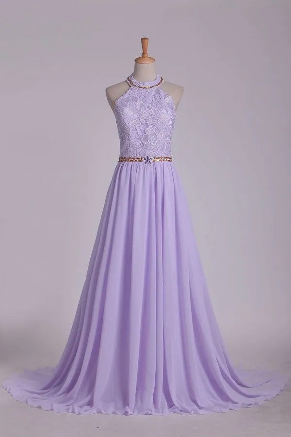 2024 Prom Dresses A Line Halter Chiffon & Lace With Beading Sweep Train Open PMRQ9JFP