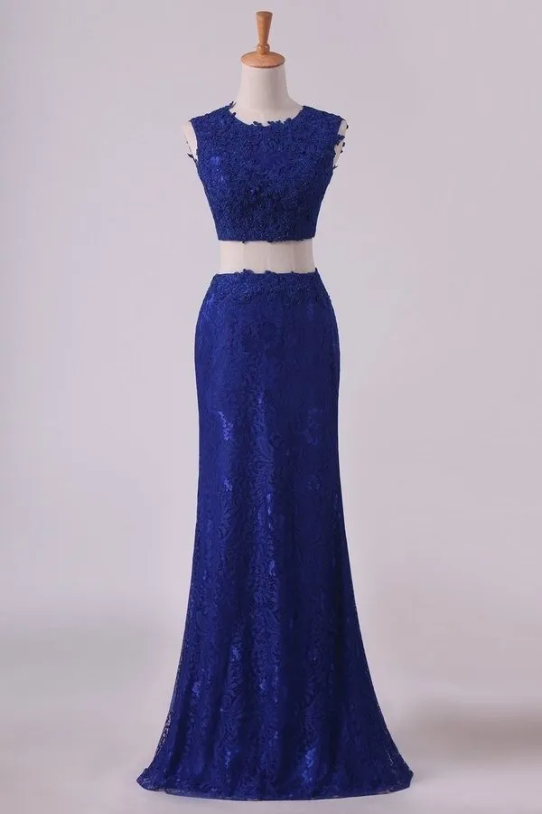 2024 Sheath Open Back Two Pieces Prom Dresses Lace With Applique & Beading Dark P2DPN391