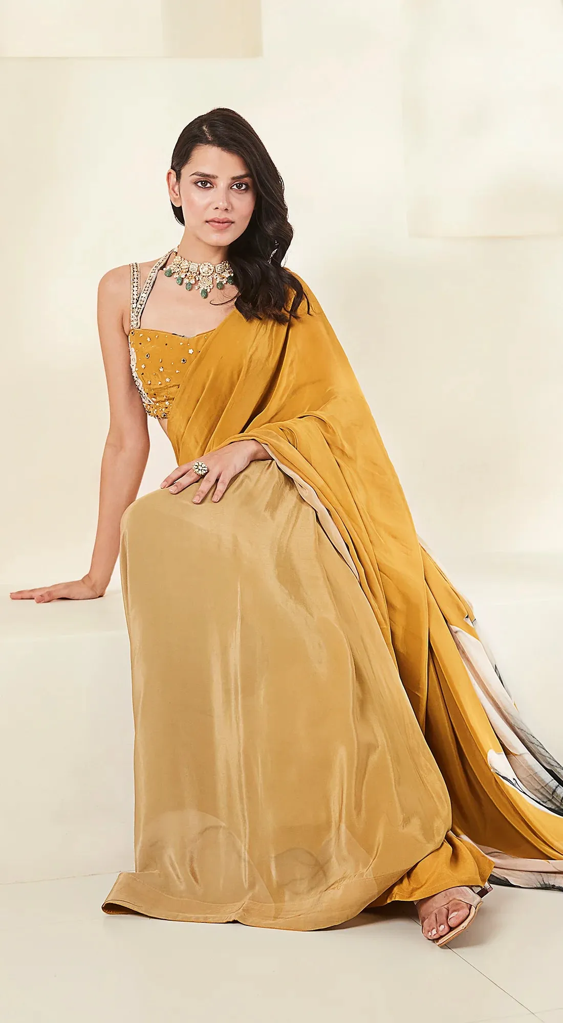 91A369 Mustard and Beige Printed Designer Saree with Blouse