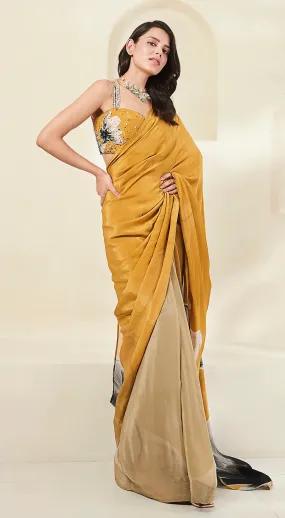 91A369 Mustard and Beige Printed Designer Saree with Blouse