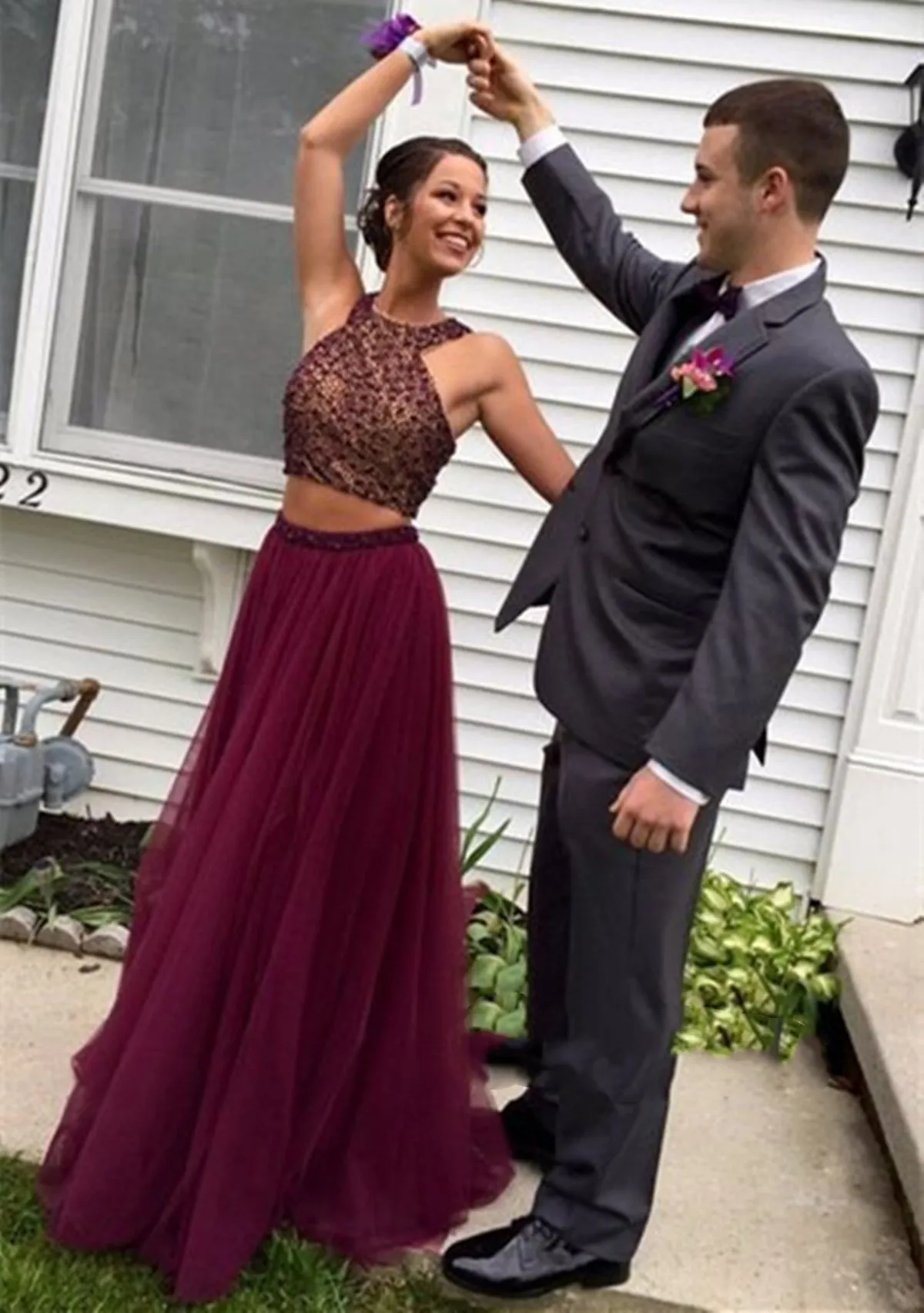 A Line Round Neck Two Pieces Maroon Prom Dresses, Two Pieces Maroon Formal Dresses