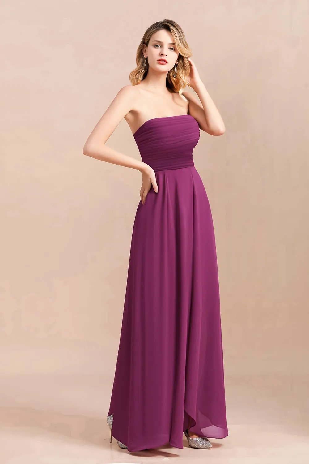 A-Line Strapless Backless Evening Party Dress Charming Chiffon Bridesmaid Dress