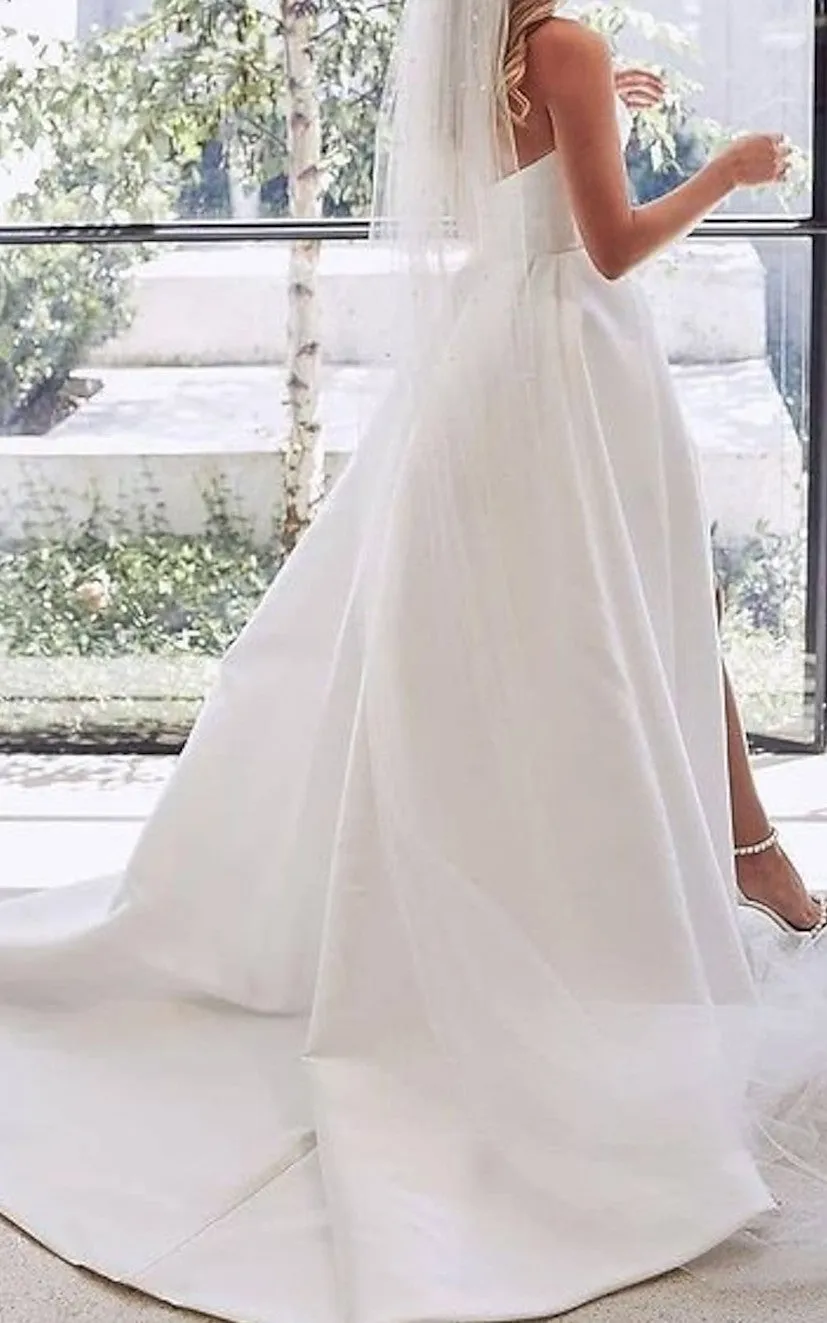 A-Line Strapless Satin Wedding Dress Simple Casual Elegant Adorable Garden With Open Back And Ruching And Split Front-716756