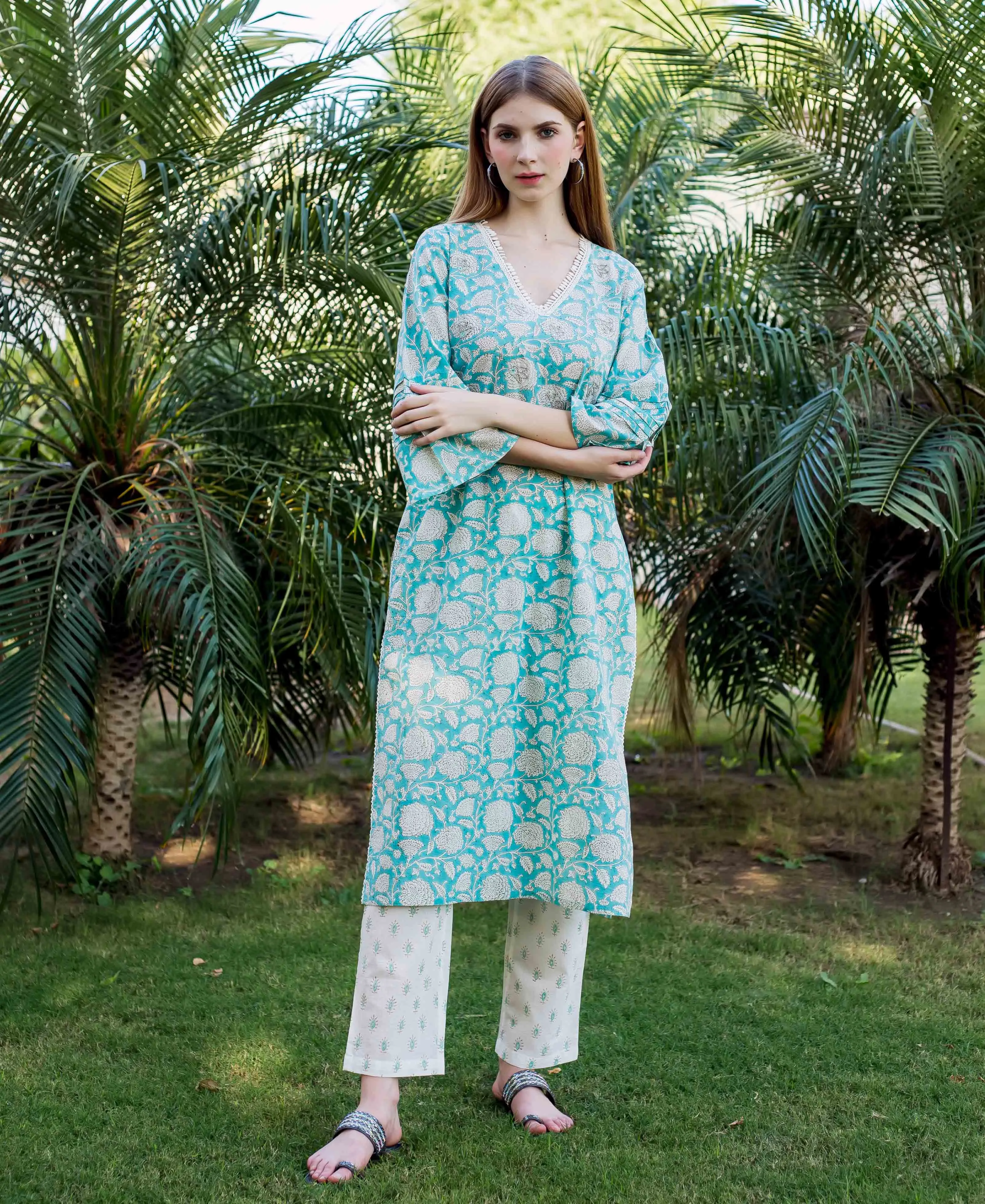 Abia Teal Embroidered and Printed Kurta