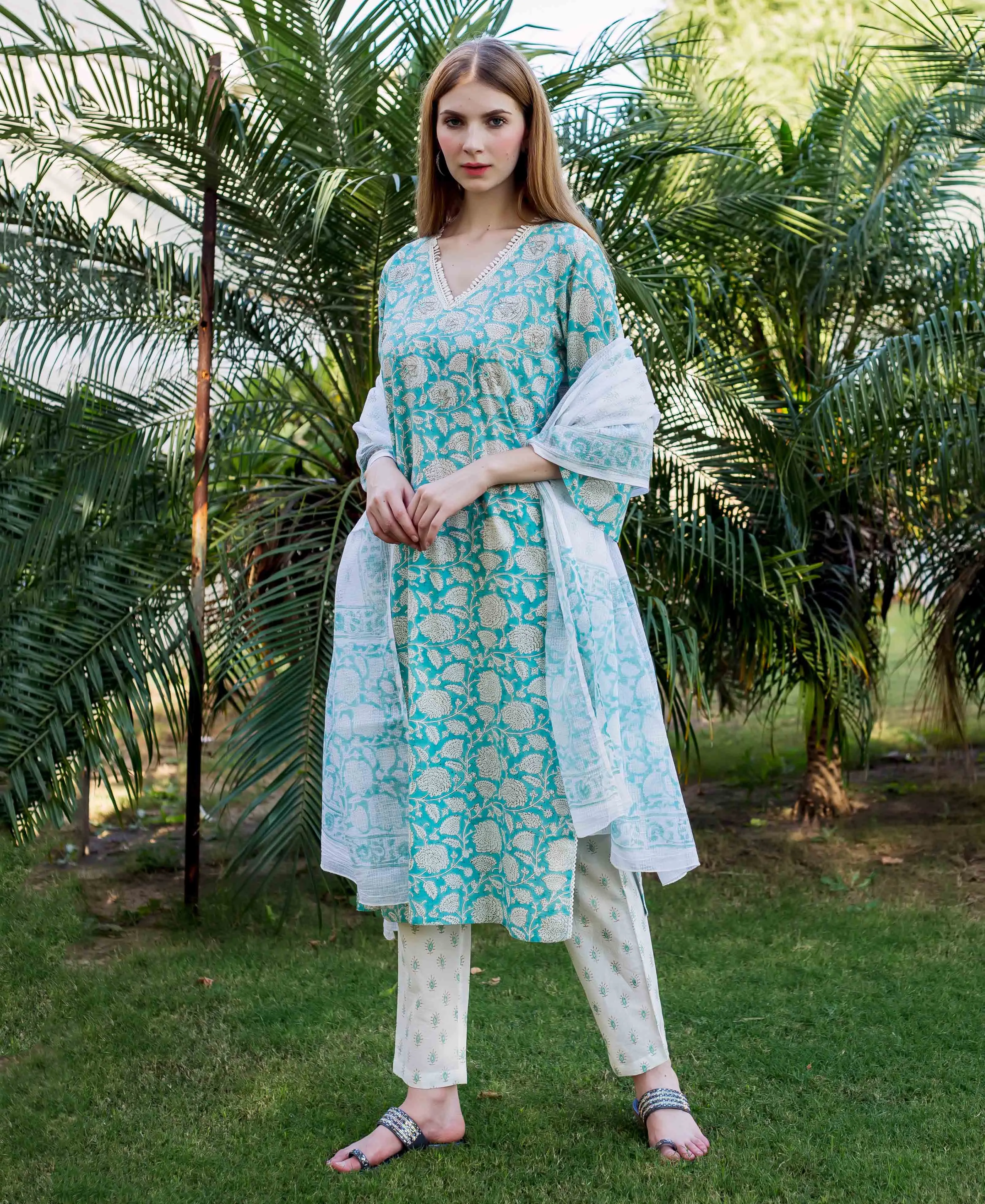 Abia Teal Embroidered and Printed Kurta