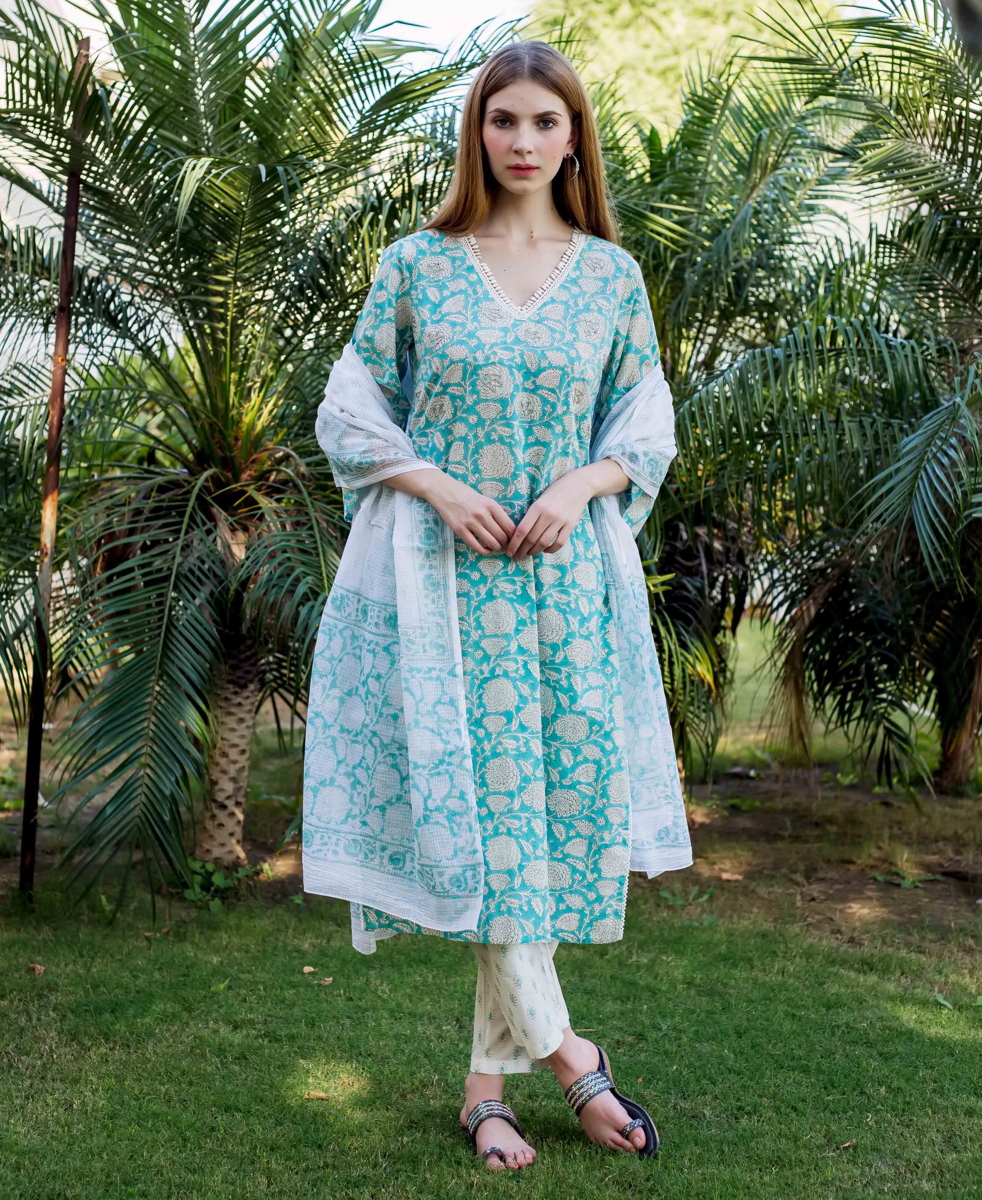 Abia Teal Embroidered and Printed Kurta