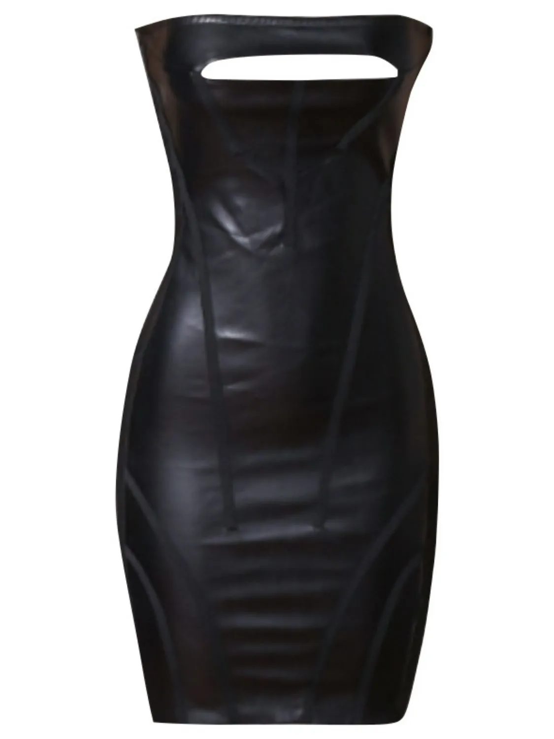 Affordable Cute Faux Leather Cutout Strapless Bandage Dress - Perfect for Homecoming, Snowcoming, and Hoco 2024