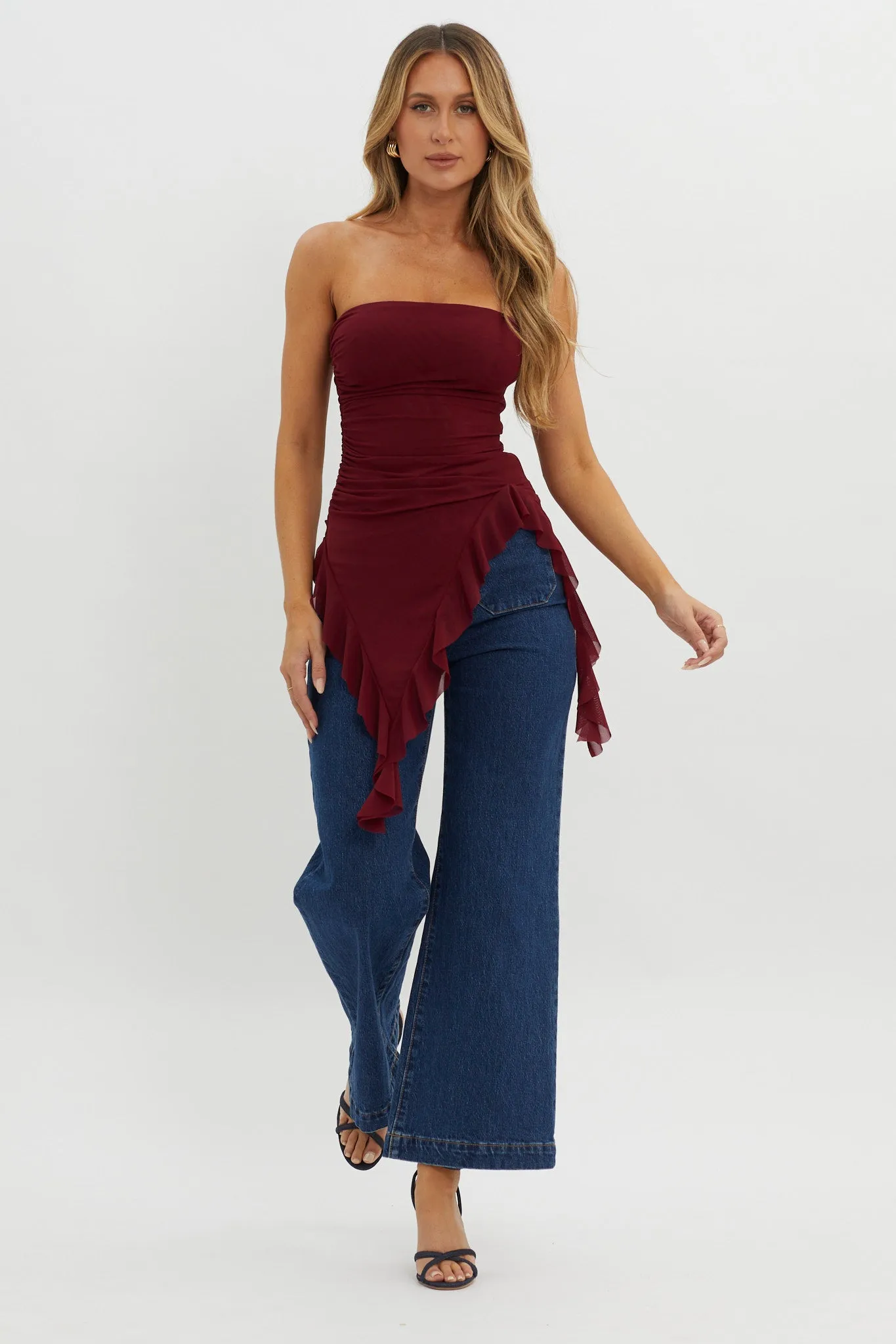 After Party Ruffle Trim Top Sangria