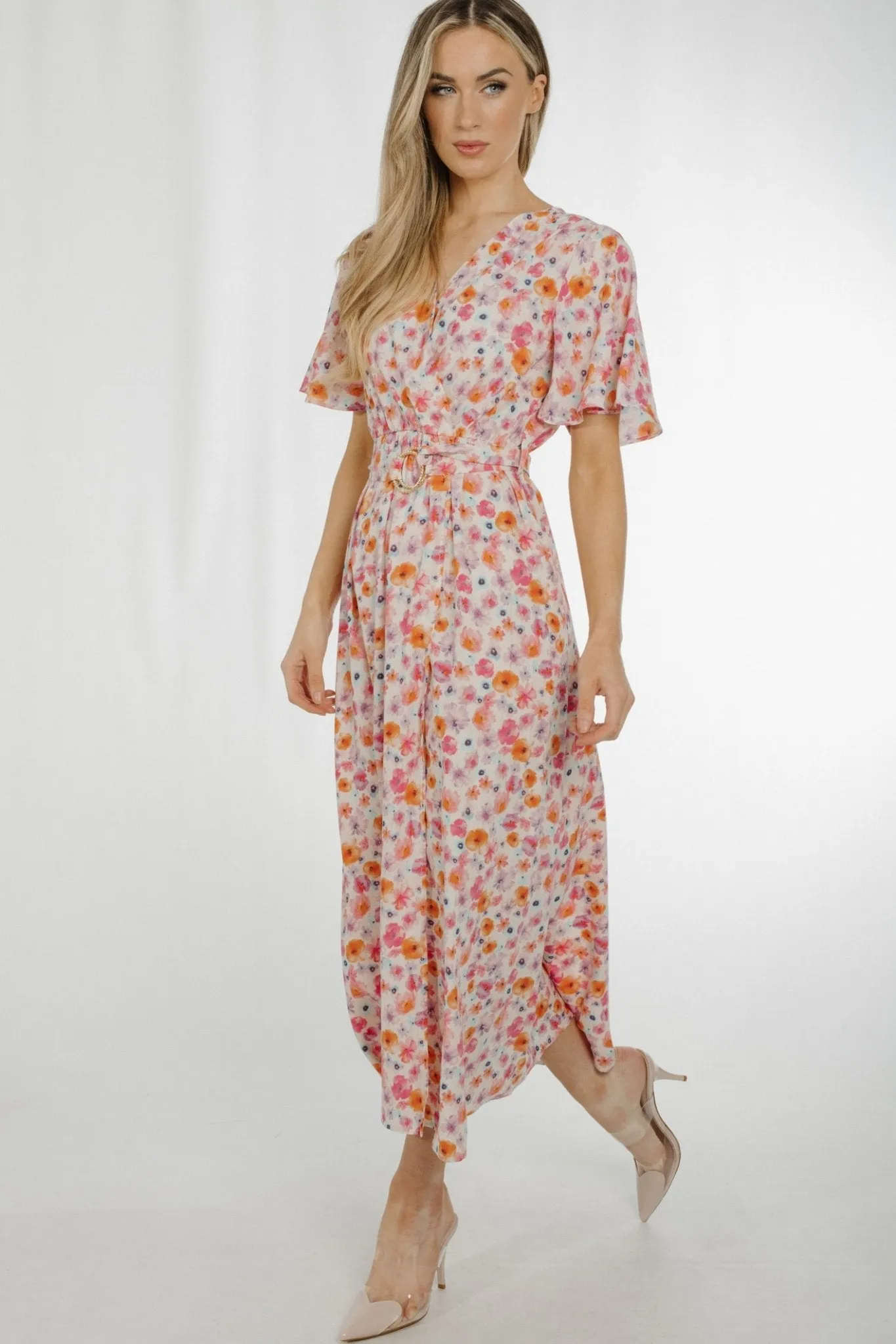 Ally V-Neck Floral Midi Dress In Pastel Mix