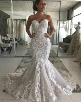 Amazing Long Mermaid Sweetheart Appliques Lace Wedding Dress