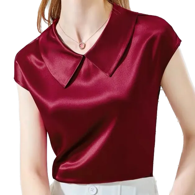 Années 40 Blouse Satin Manches Courtes Col Claudine