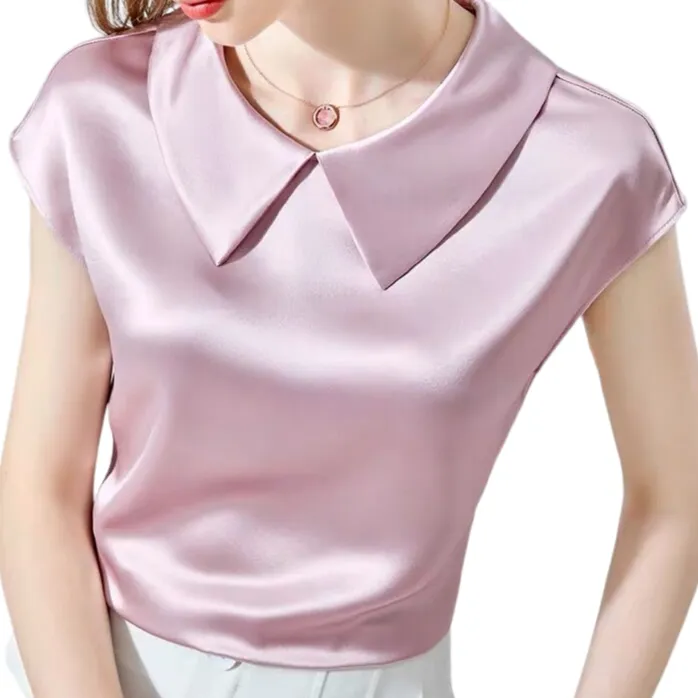 Années 40 Blouse Satin Manches Courtes Col Claudine