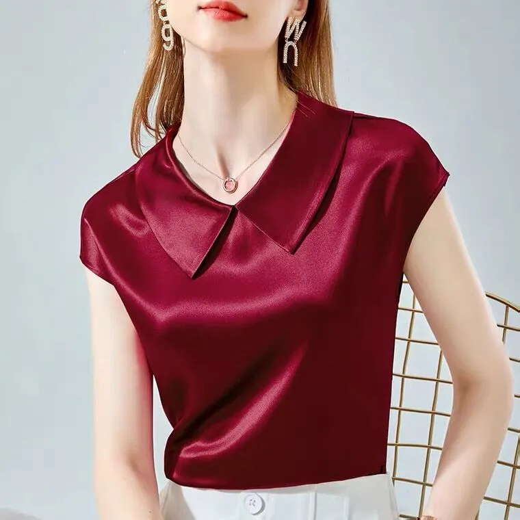 Années 40 Blouse Satin Manches Courtes Col Claudine