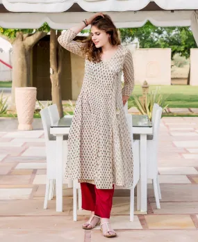 Beige Hand Block Printed Angrakha Kurta