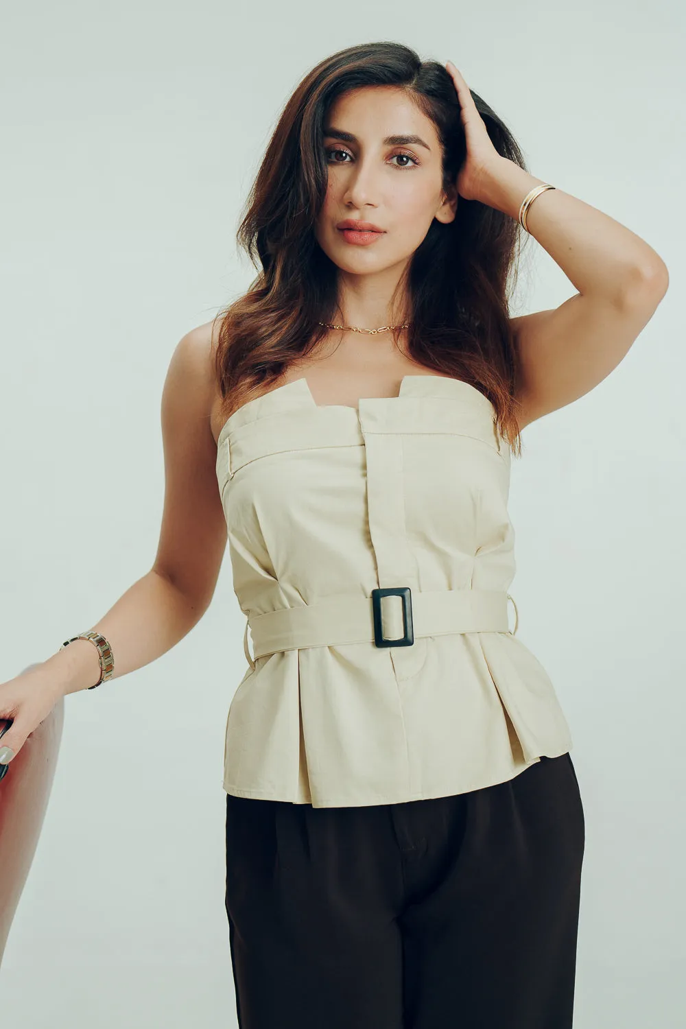 Beige Pleated Belt Tube Top