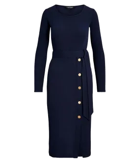 Belted Navy Rib-Knit Dress - Navy