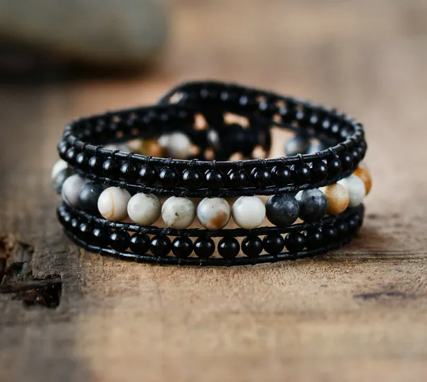 Black Onyx Jasper Cuff Leather Bracelet