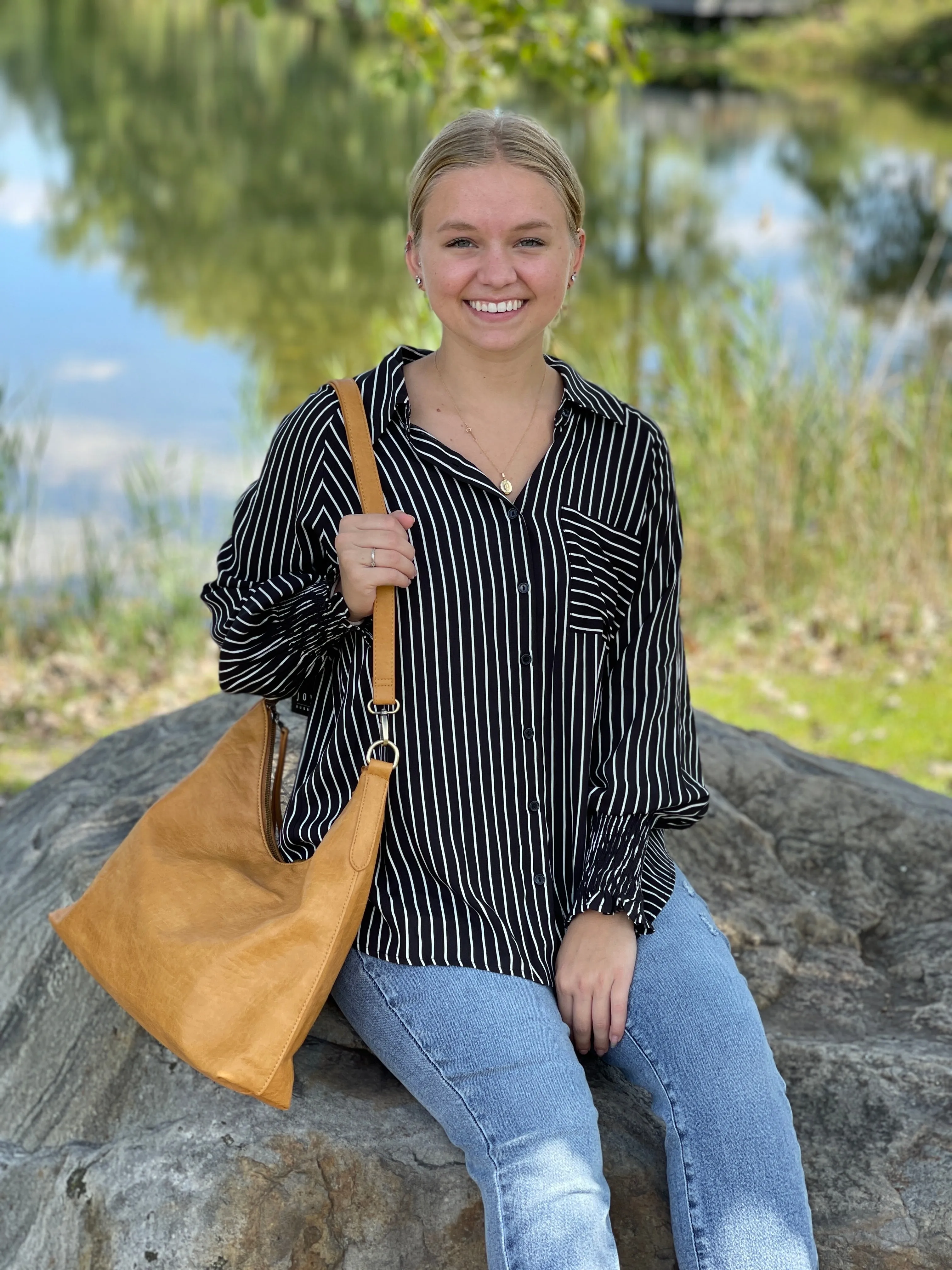 BLACK/WHITE VERTICAL STRIPE BUTTON UP BLOUSE