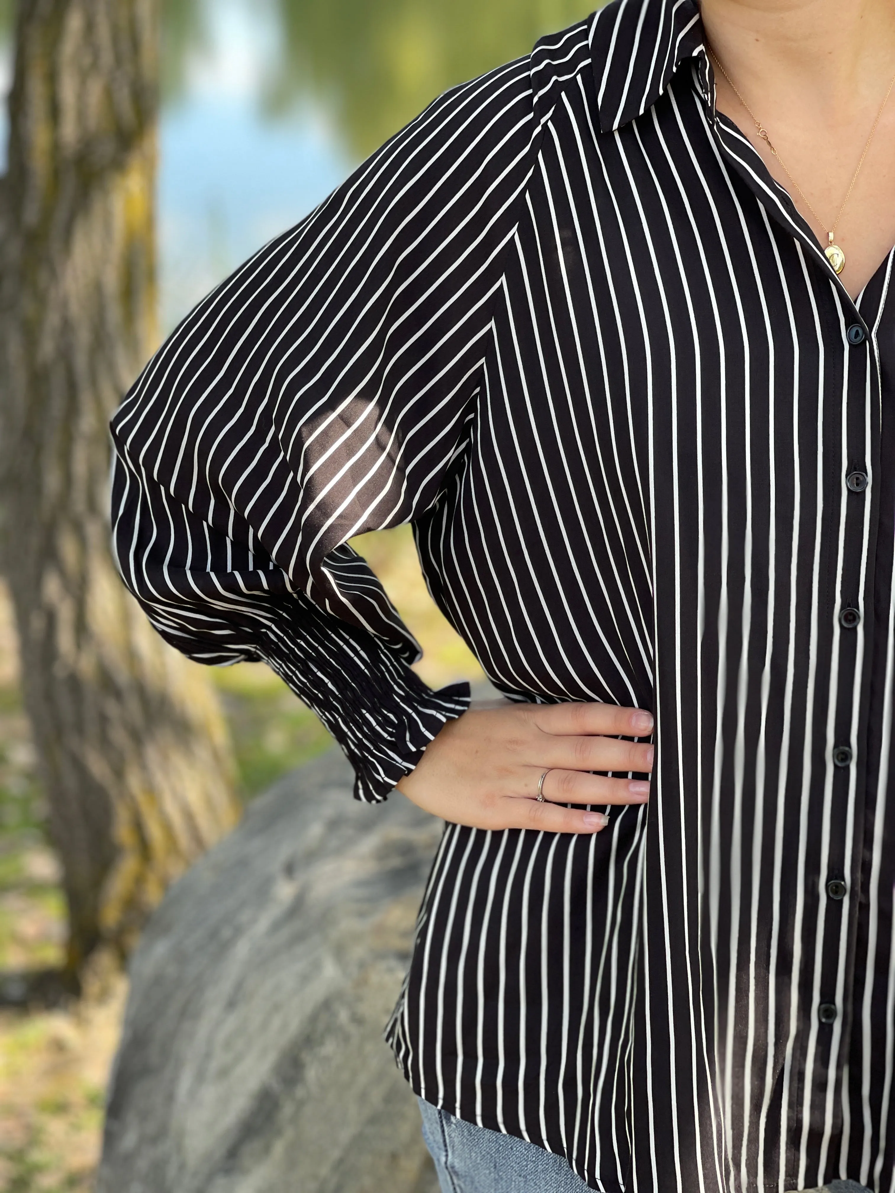 BLACK/WHITE VERTICAL STRIPE BUTTON UP BLOUSE