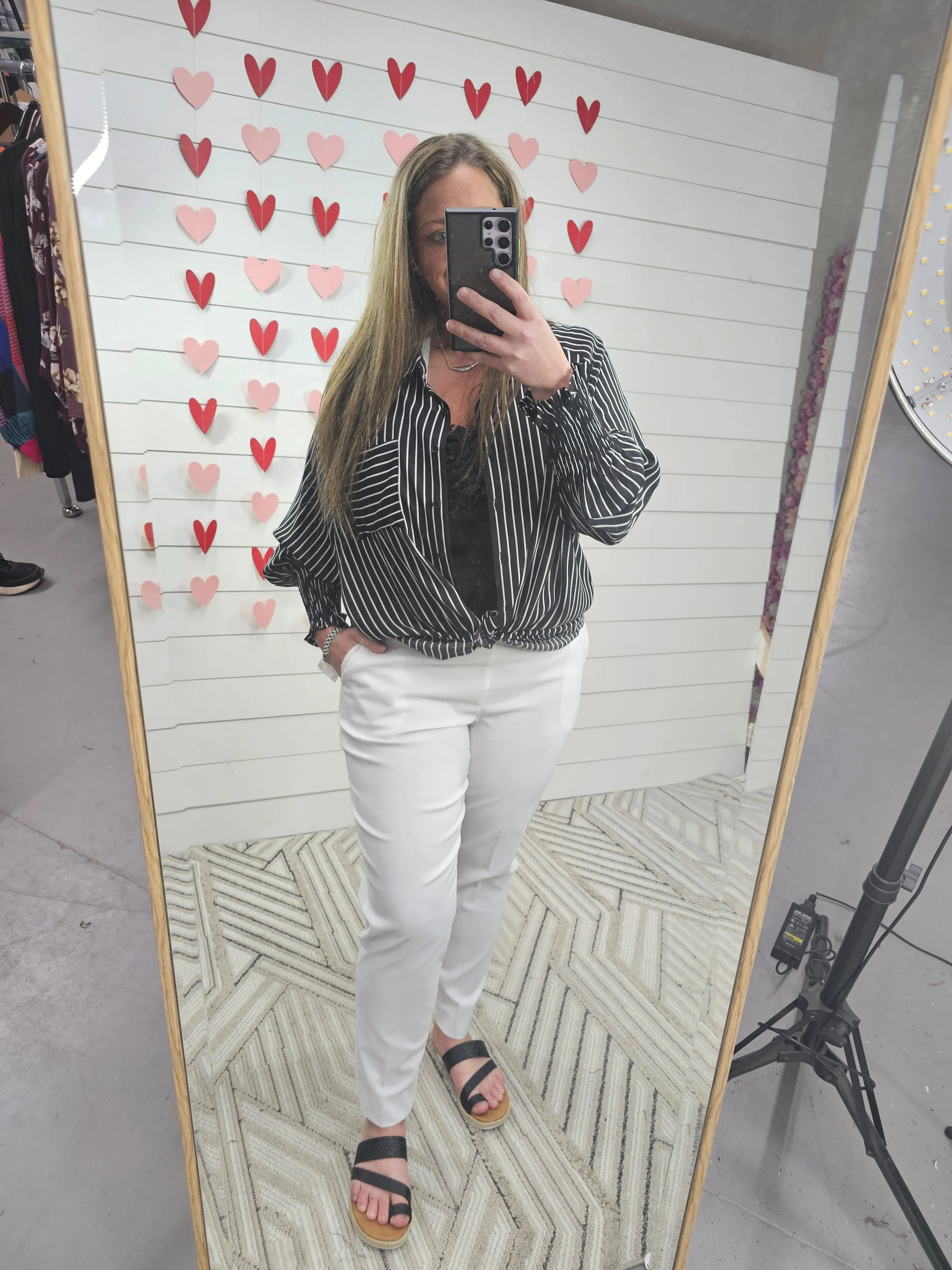 BLACK/WHITE VERTICAL STRIPE BUTTON UP BLOUSE