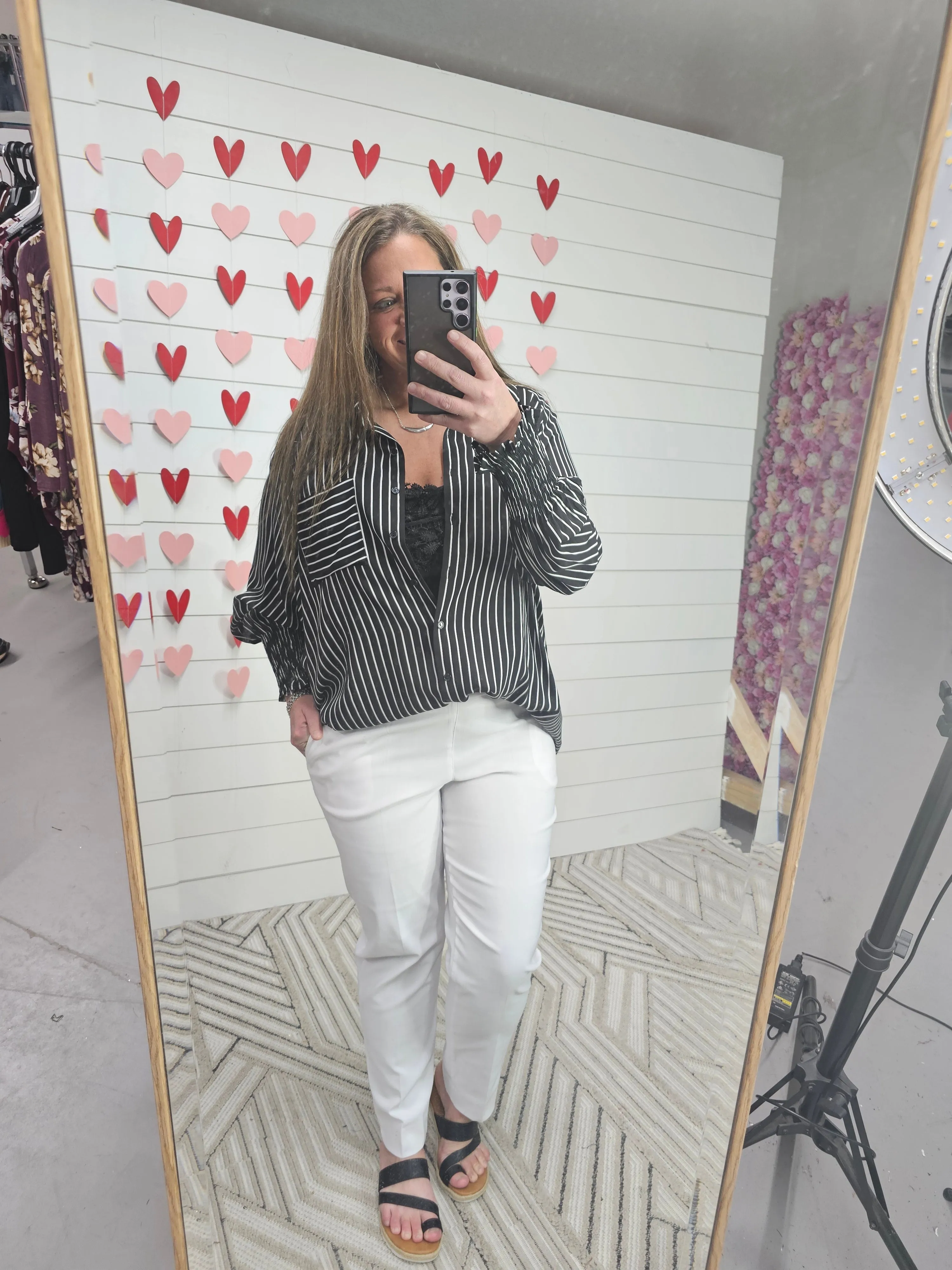 BLACK/WHITE VERTICAL STRIPE BUTTON UP BLOUSE