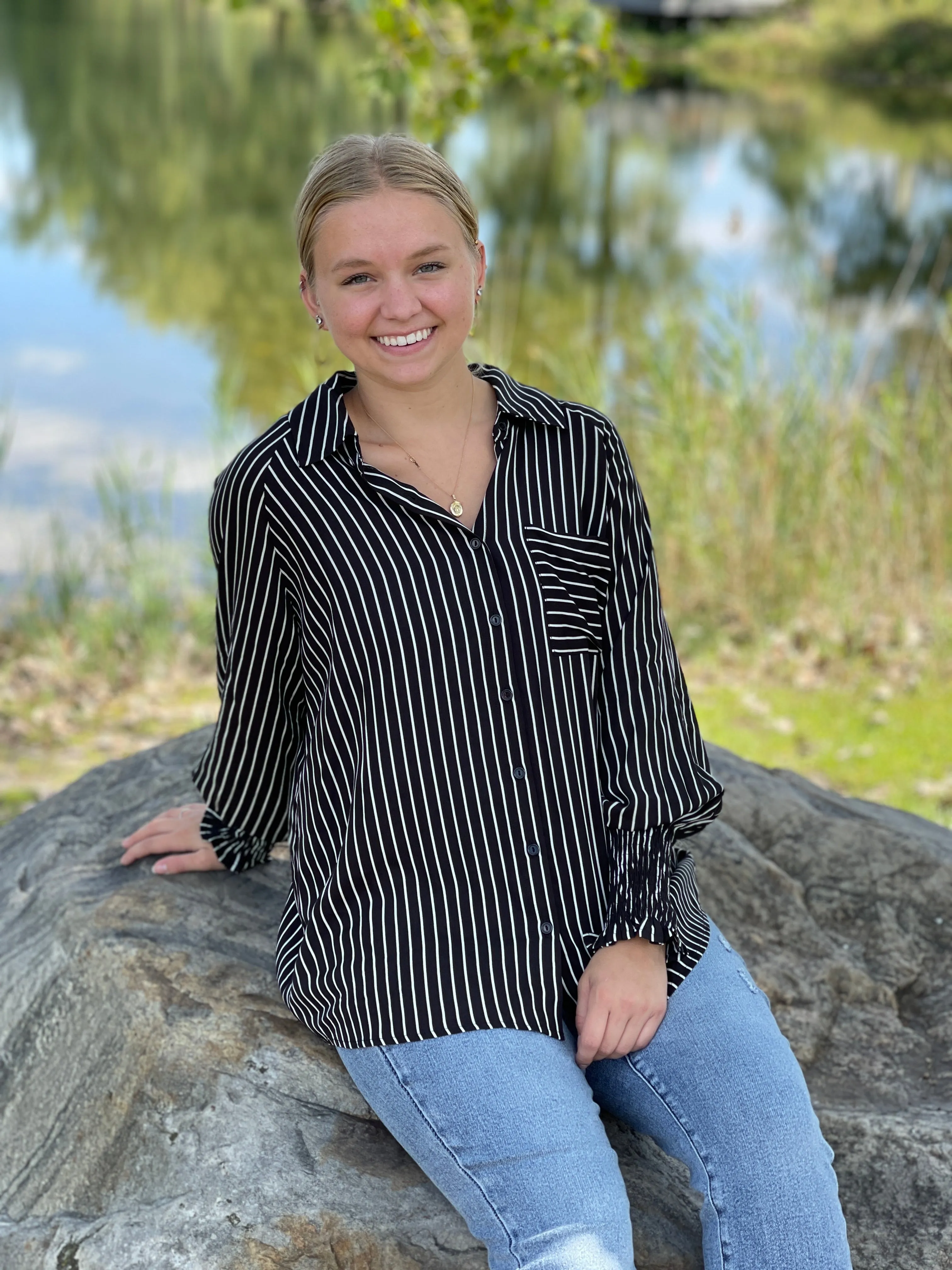 BLACK/WHITE VERTICAL STRIPE BUTTON UP BLOUSE