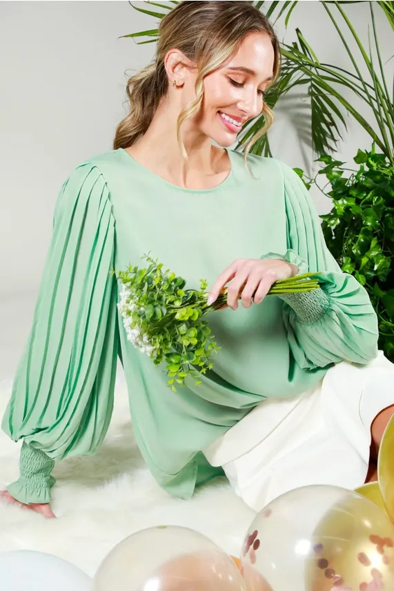 Blossoming Watercress Pleated Blouse