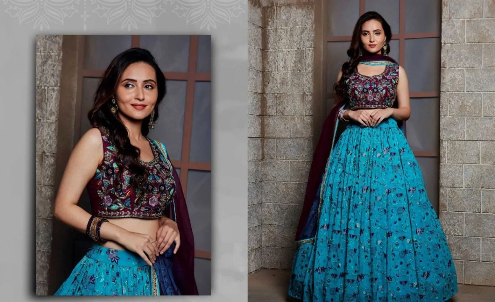 Blue and Maroon Color Embroidered Viscose Georgette Lehenga - Rent