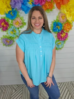 BLUE RADIANCE PLEATED BUTTON TOP