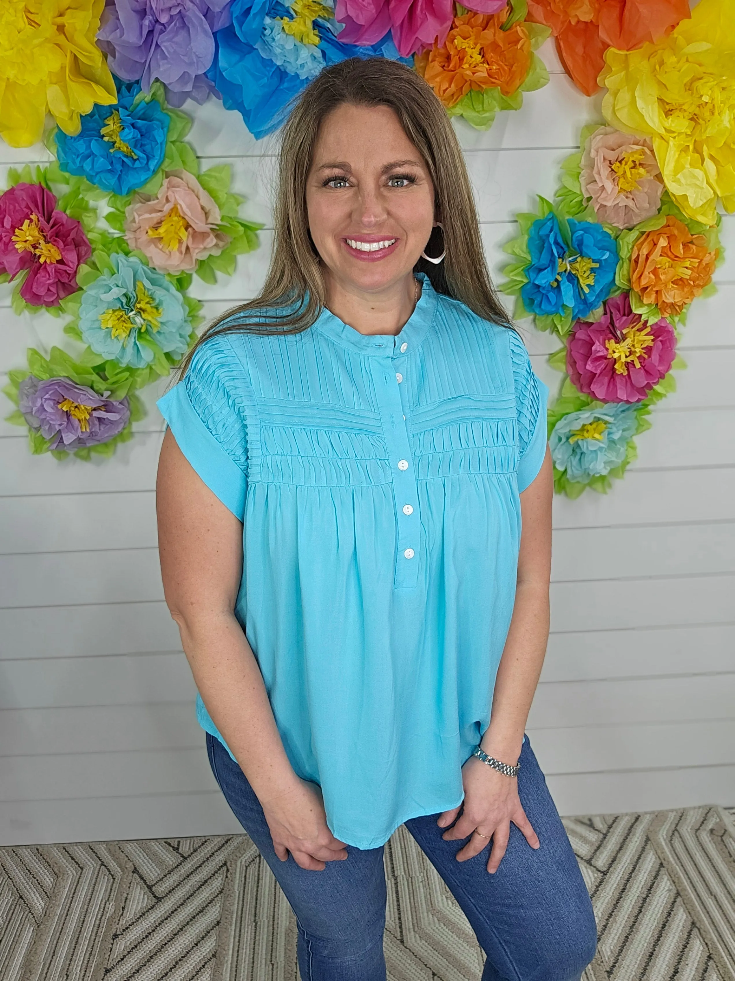 BLUE RADIANCE PLEATED BUTTON TOP