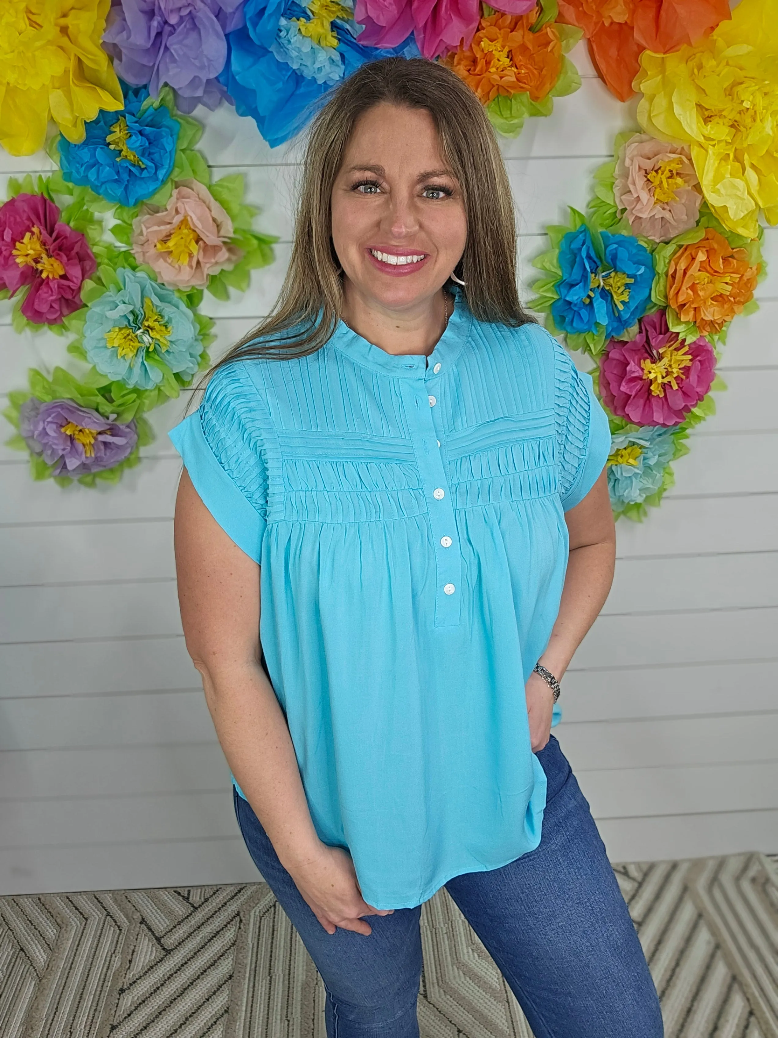 BLUE RADIANCE PLEATED BUTTON TOP