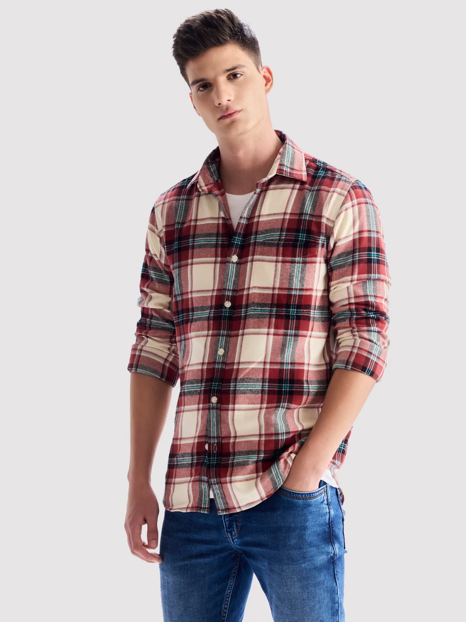 Brown Brushed Cotton Checked Shirt