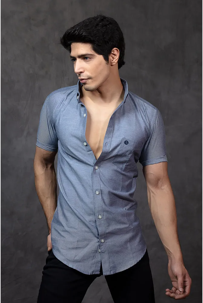 Casual Half Sleeve Shirts - Men Casual Plain Blue Shirt