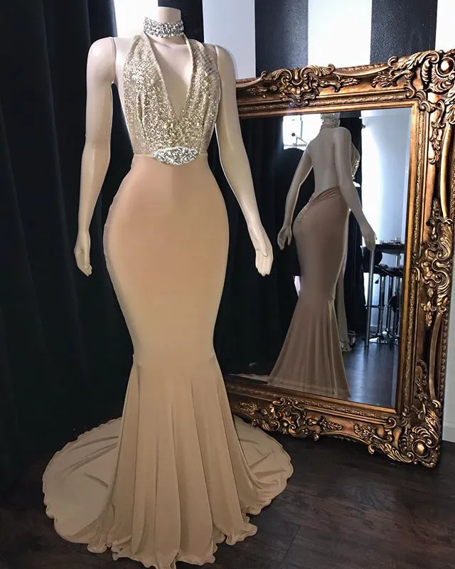 Champagne Long Halter Mermaid Prom Dresses Sexy V-Neck Backless Evening Gowns