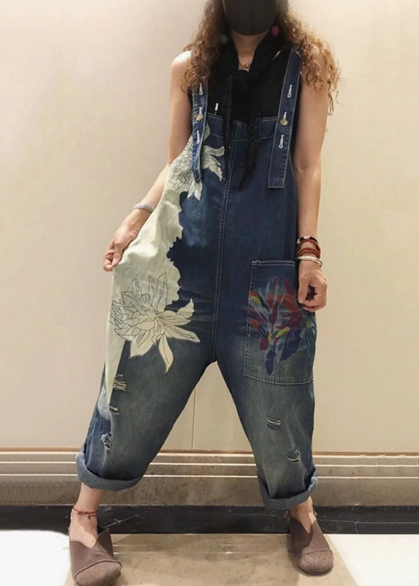 Chic Blue Print Pockets High Waist Denim Jumpsuit Sleeveless MN076