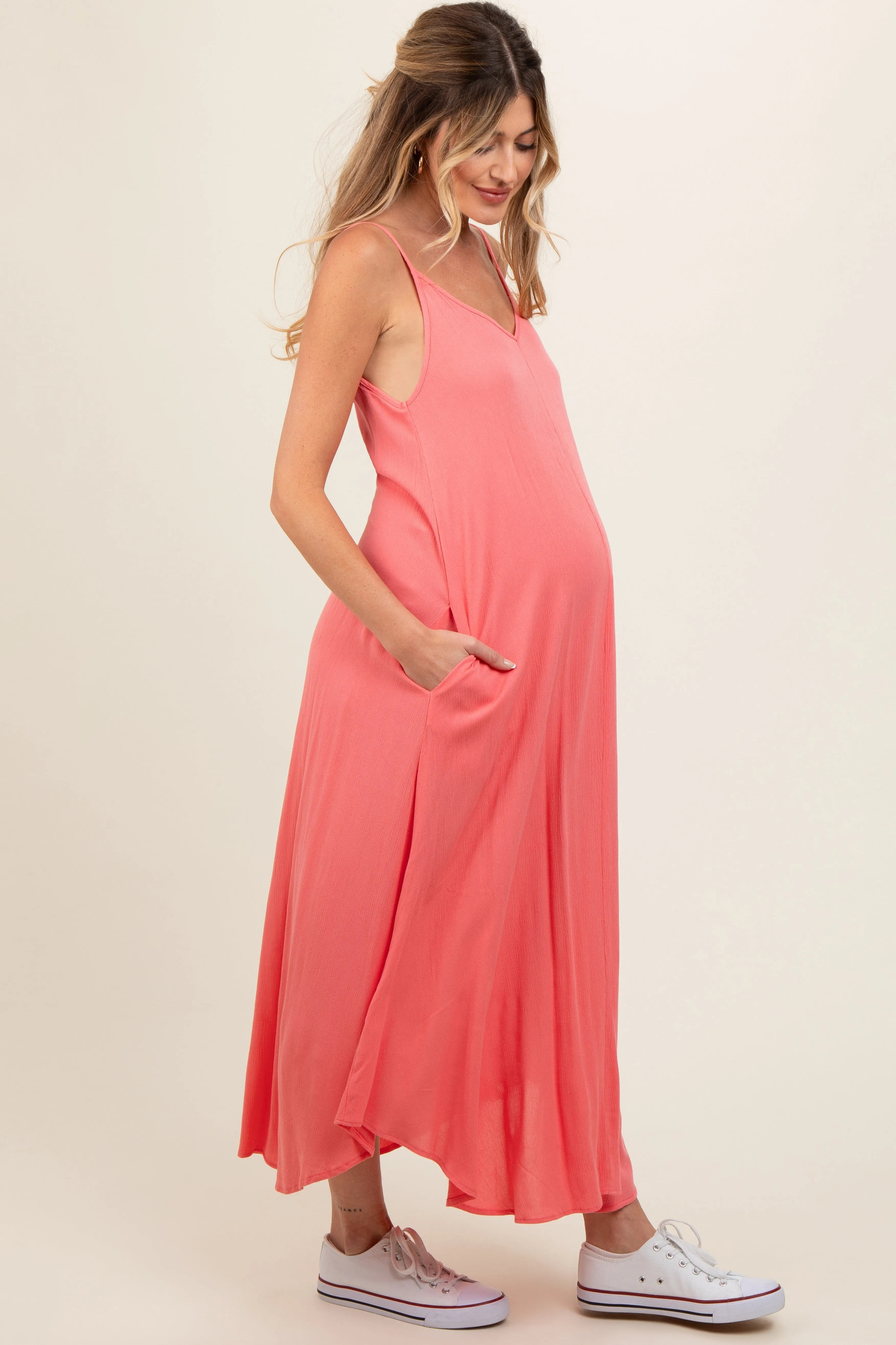 Coral Lightweight Sleeveless V-Neck Maternity Maxi Dress