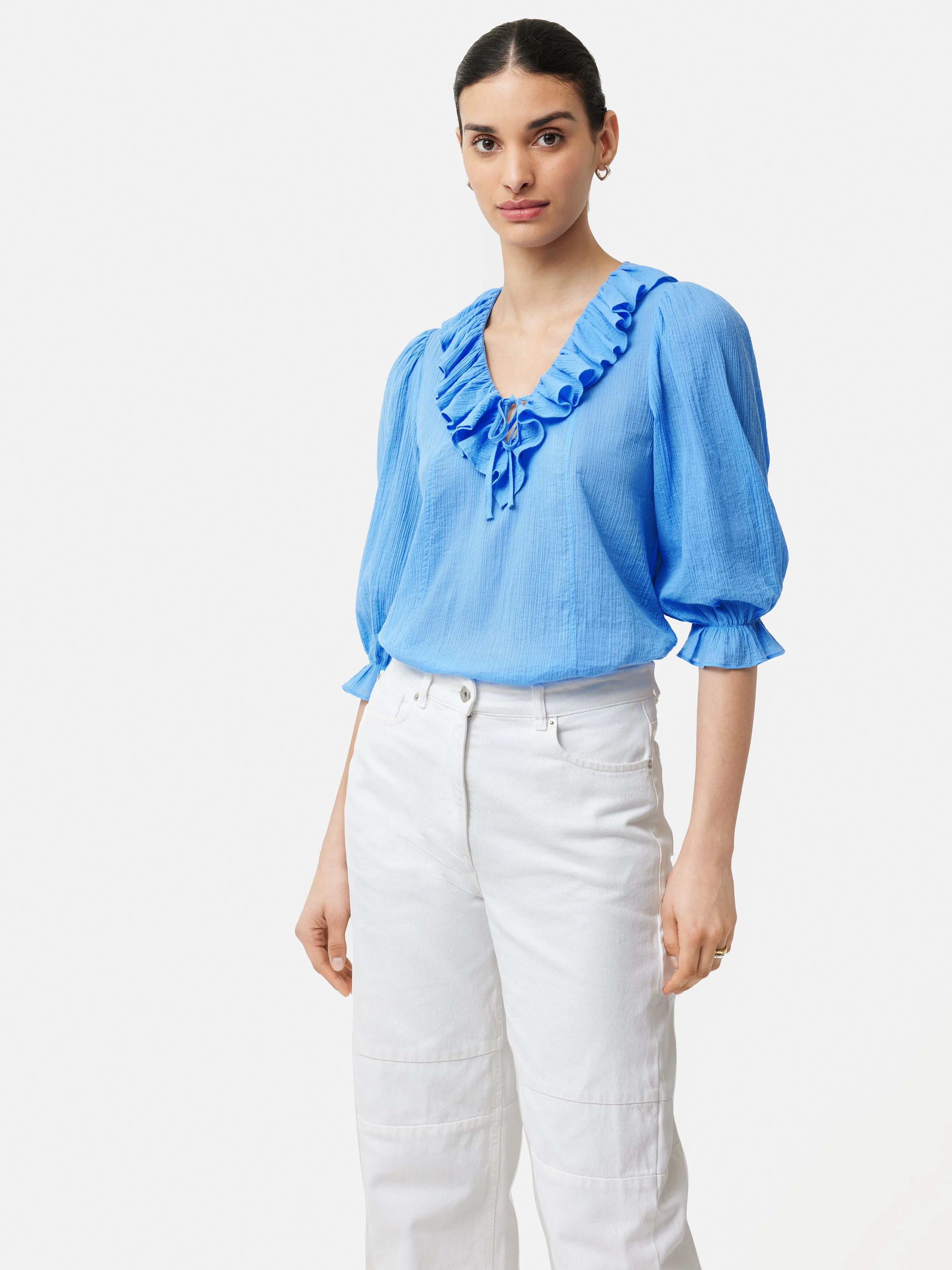 Cotton Crinkle Ruffle Top | Blue