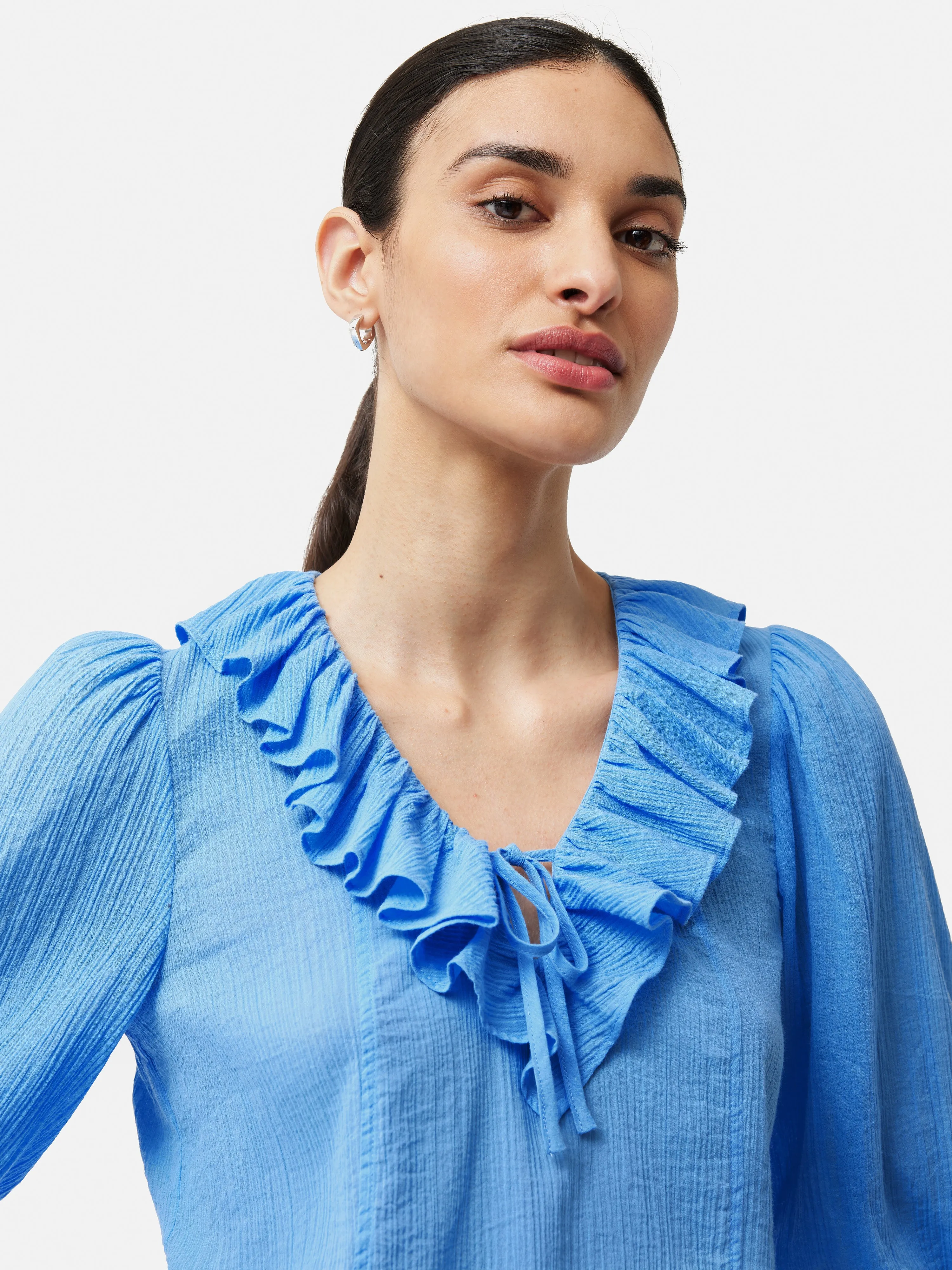 Cotton Crinkle Ruffle Top | Blue