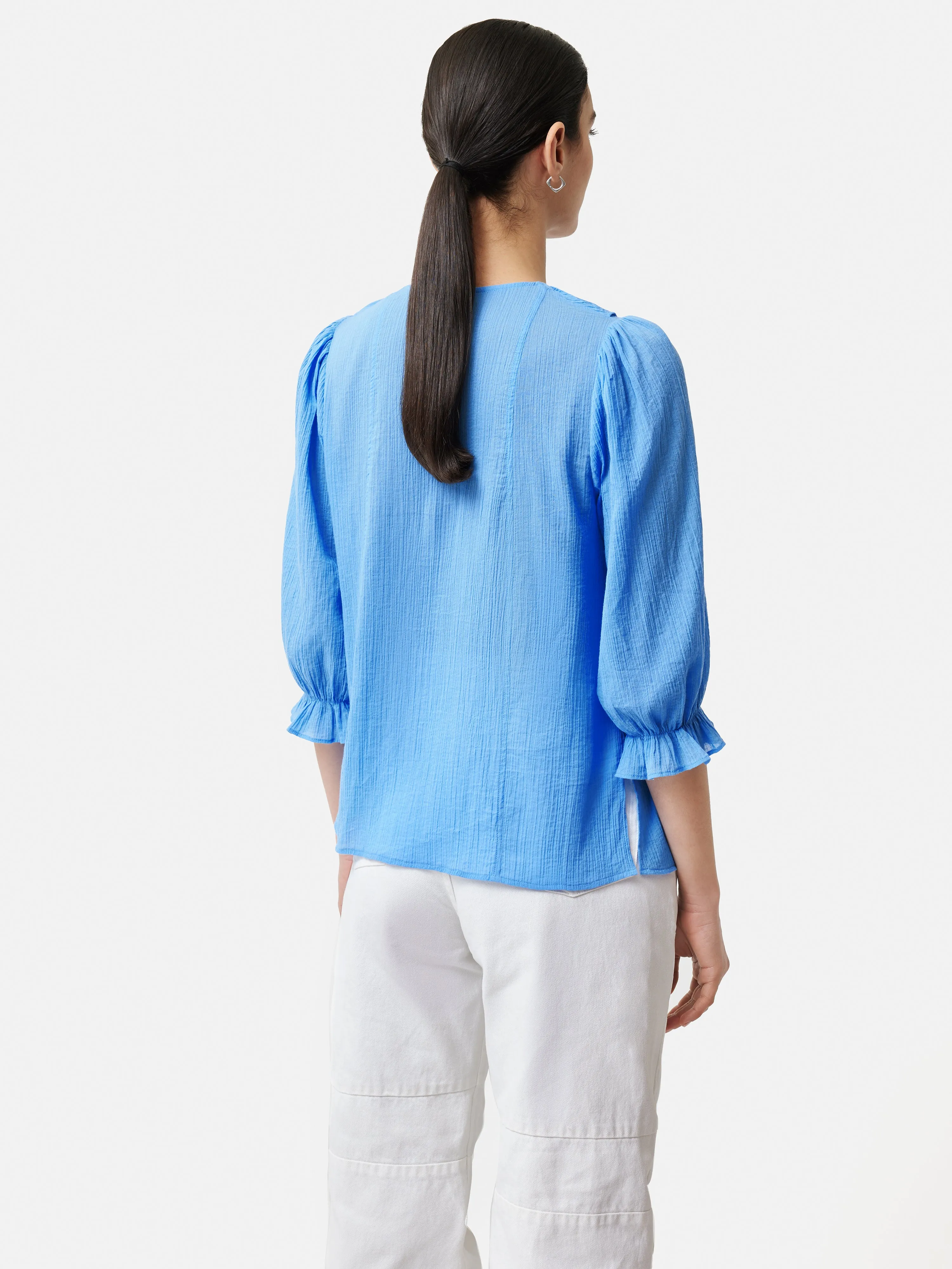 Cotton Crinkle Ruffle Top | Blue