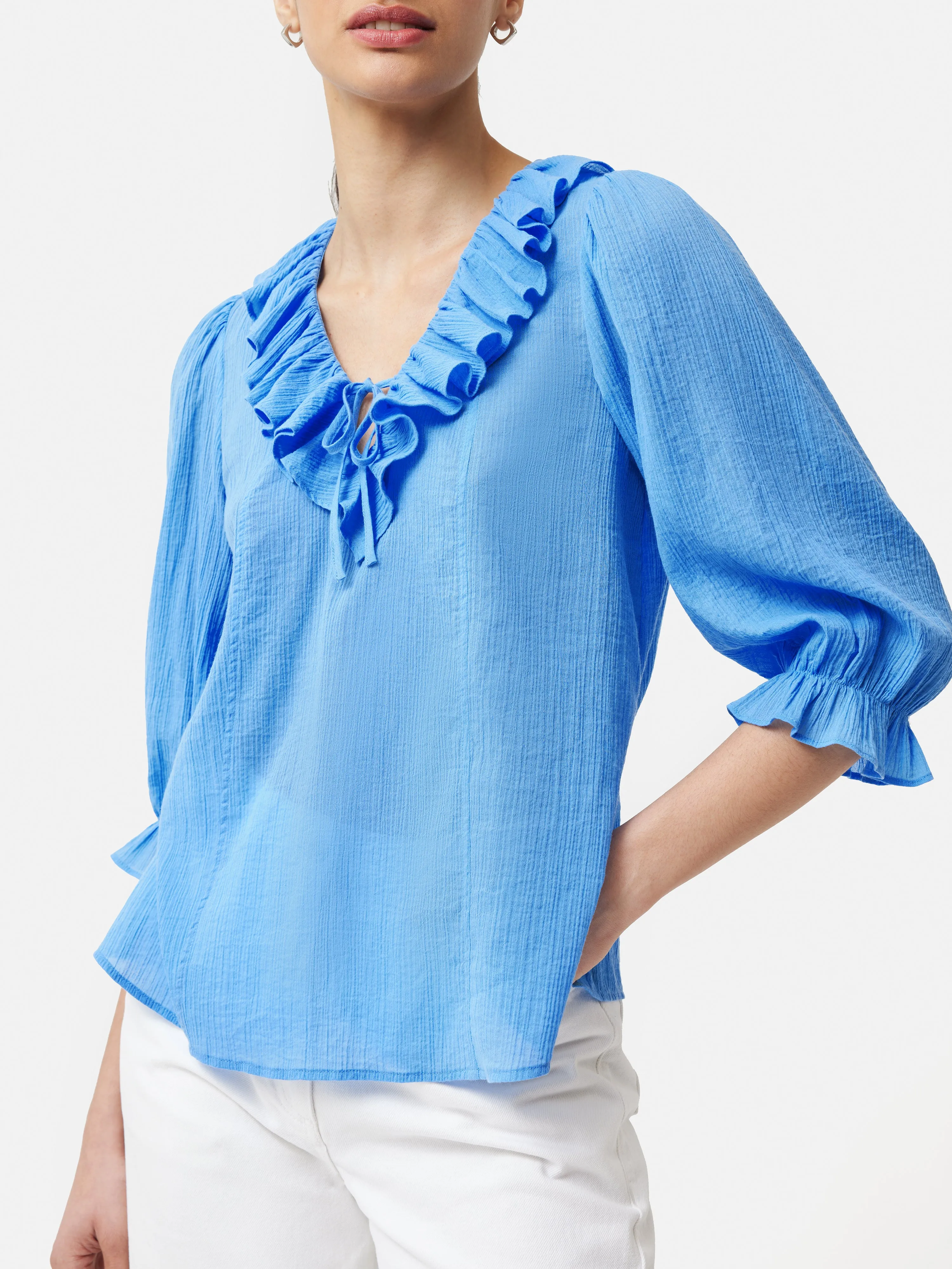 Cotton Crinkle Ruffle Top | Blue