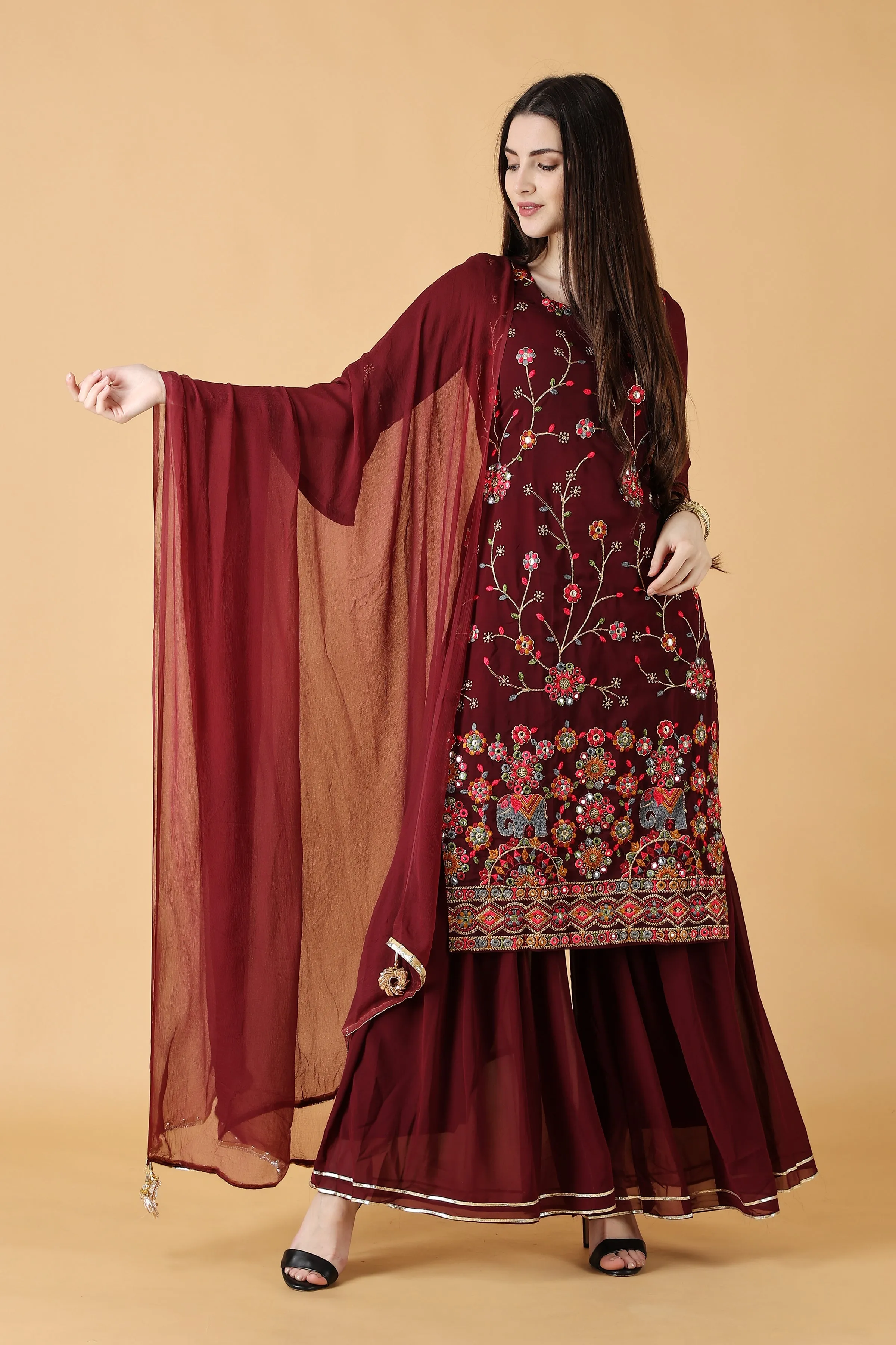 Crimson Mirror Work Sharara Suit