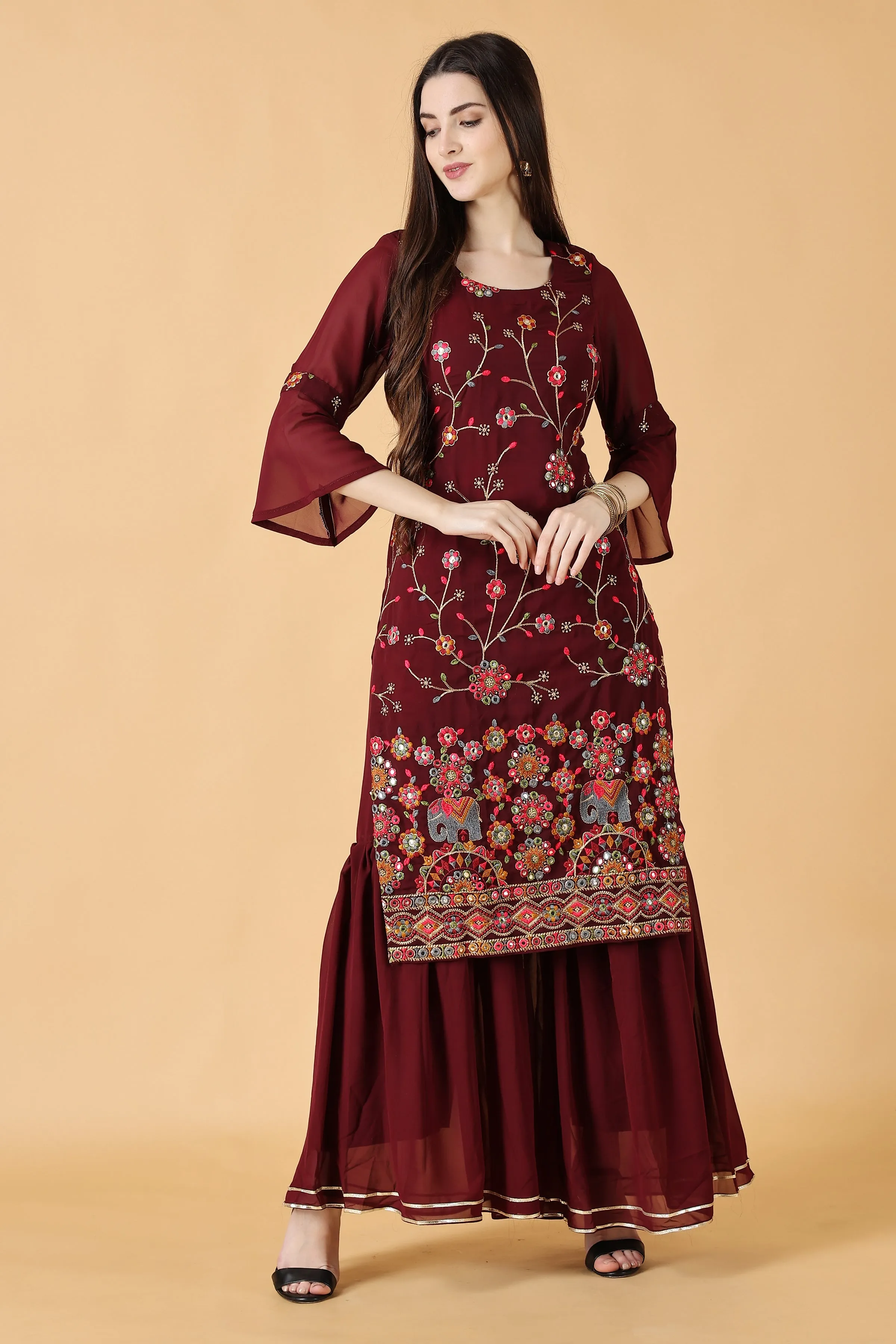 Crimson Mirror Work Sharara Suit