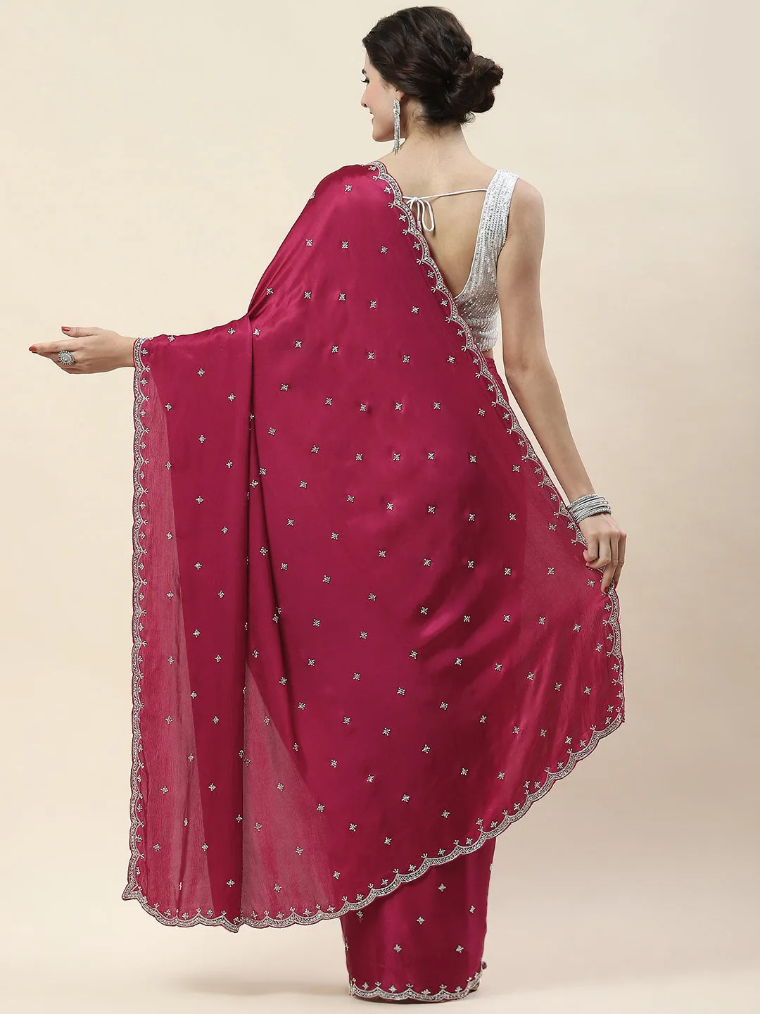 Cutdana Embroidery Chinon Saree