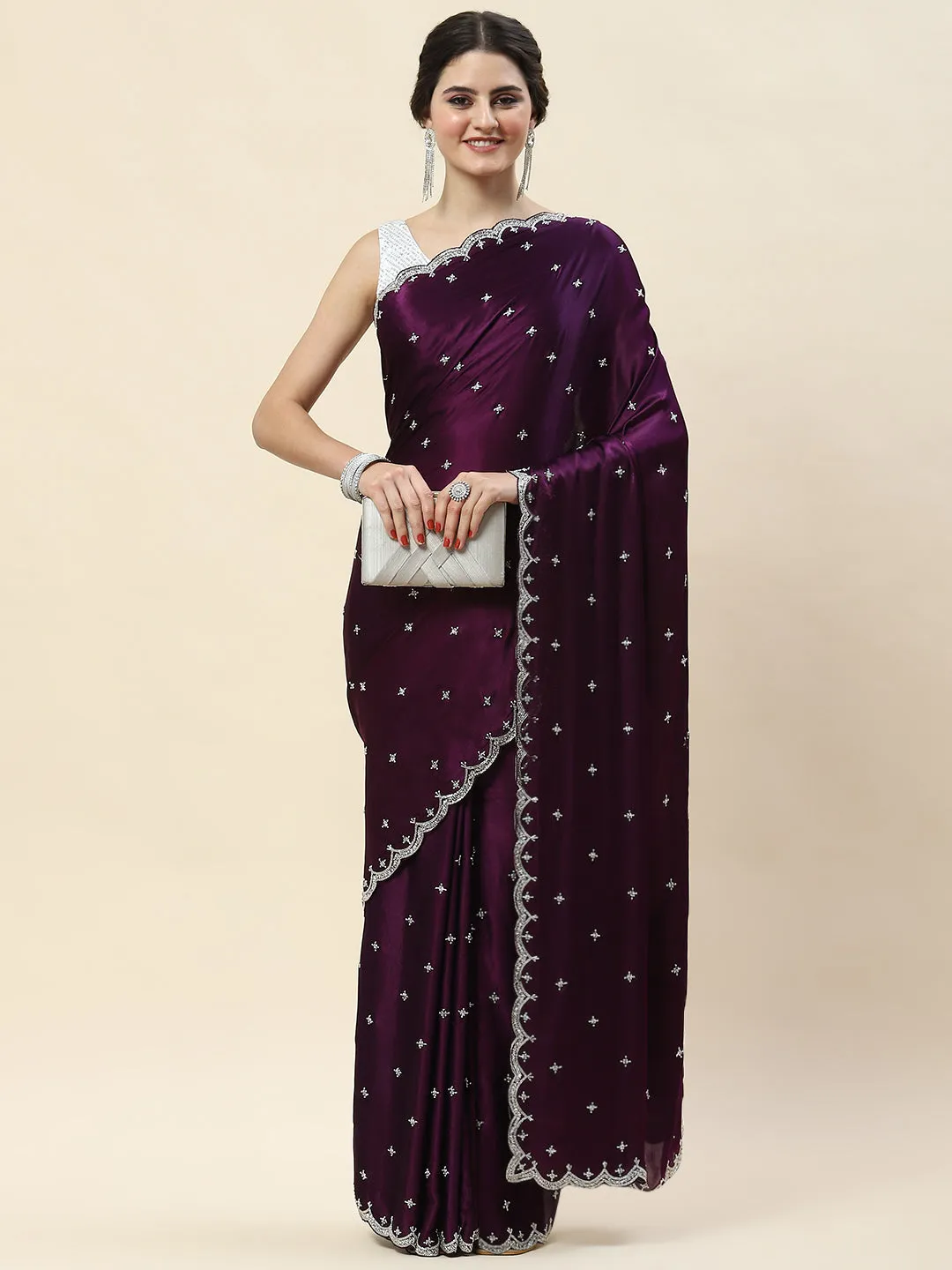 Cutdana Embroidery Chinon Saree