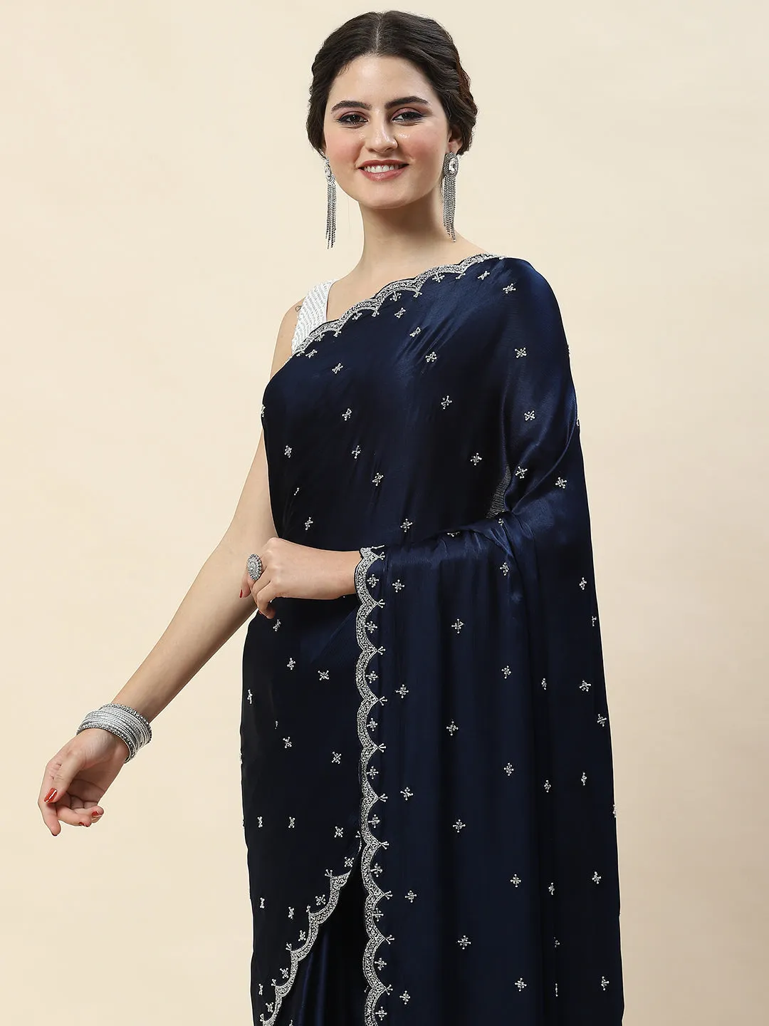 Cutdana Embroidery Chinon Saree