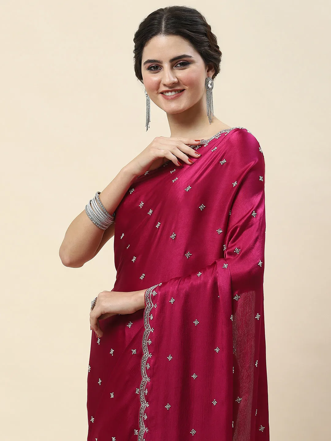 Cutdana Embroidery Chinon Saree