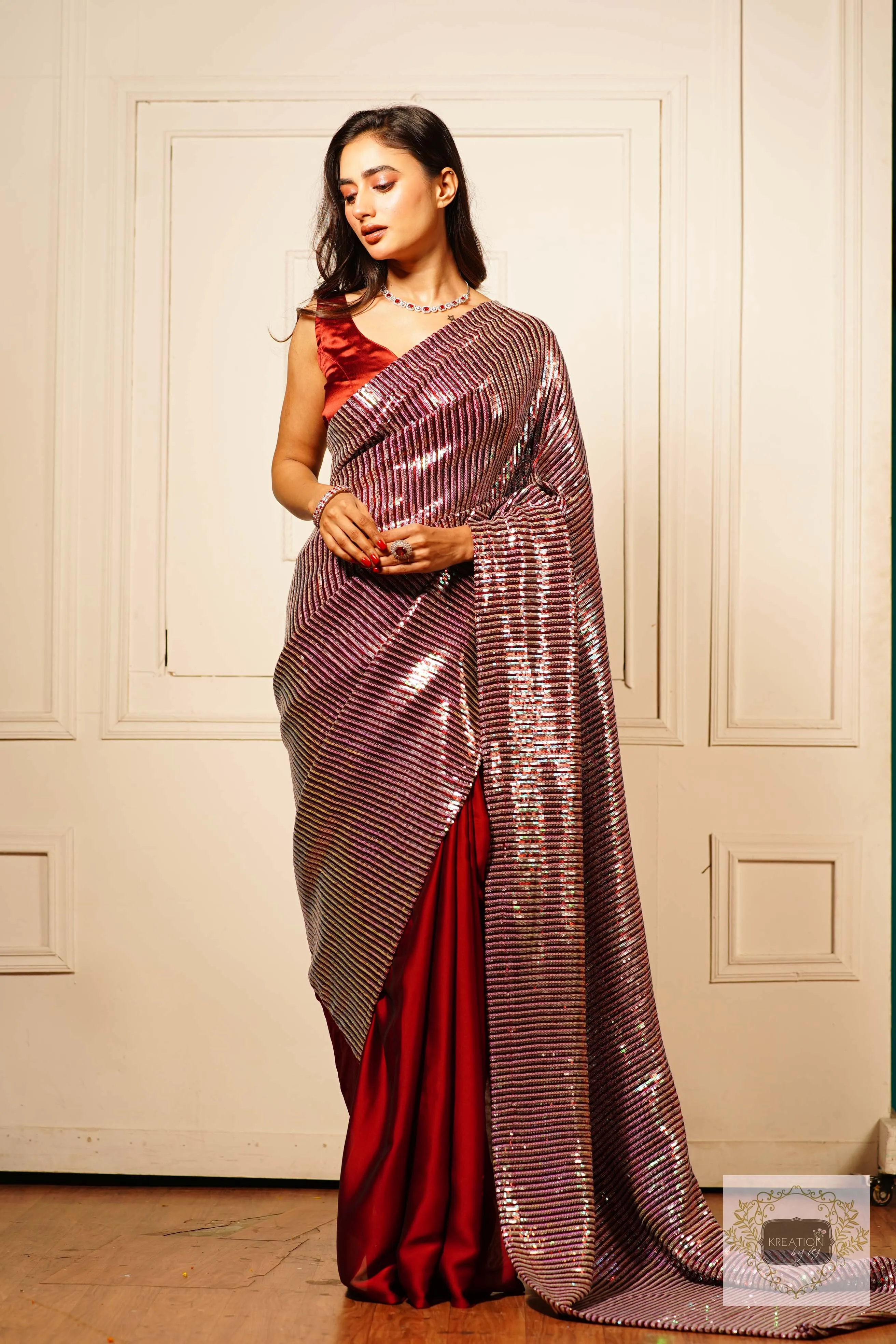 Dazzle Maroon Sequins Half Saree