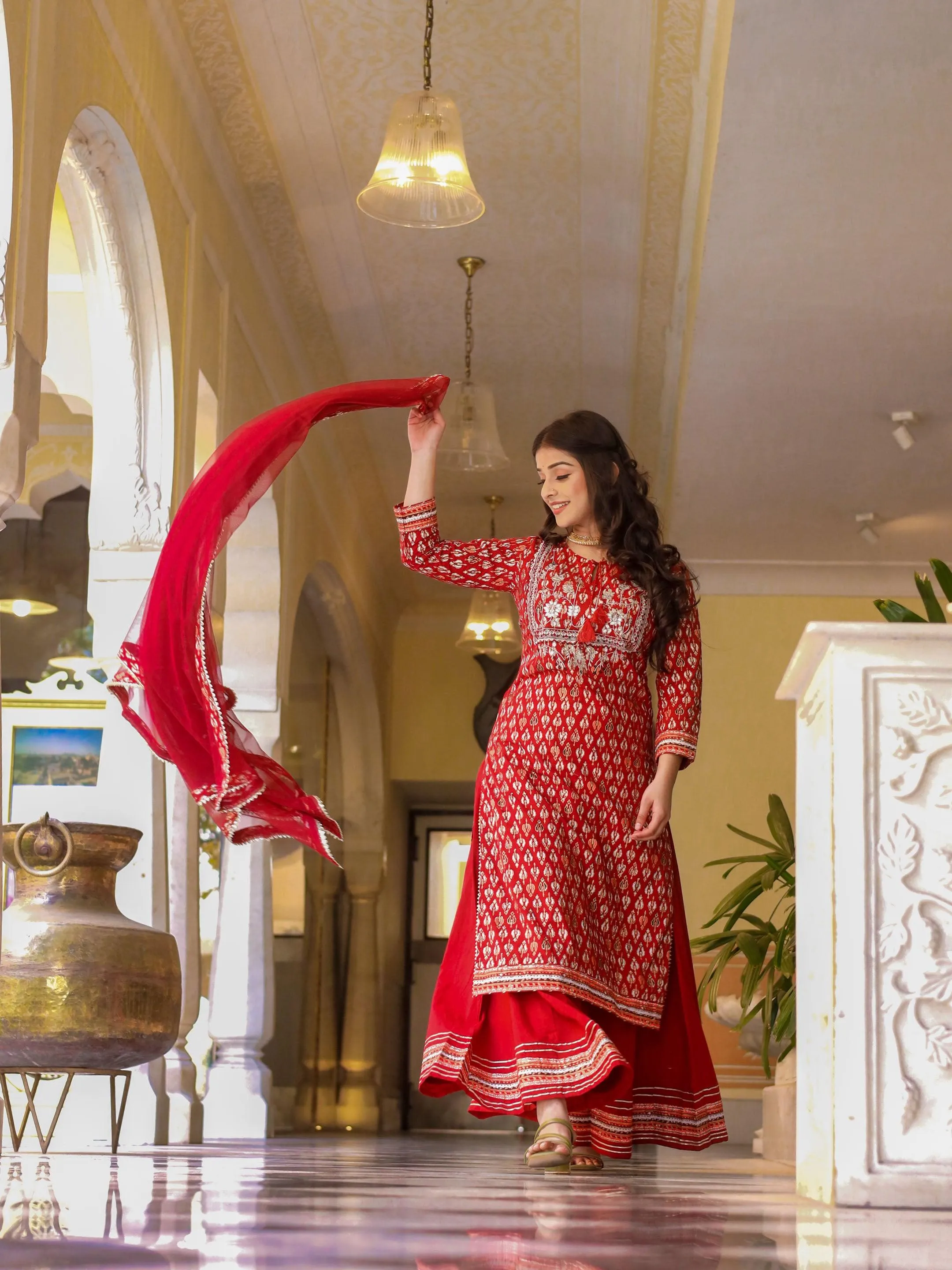 Divena maroon Cotton Kurta palazzo set with net dupatta